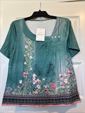 Teal Floral Scoop-Neck Short Sleeve Blouse